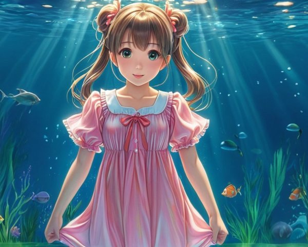 Young girl in pink dress underwater with colorful fish