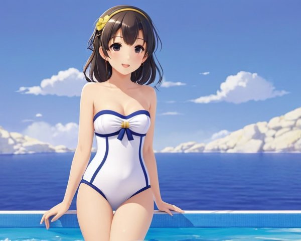 Cheerful anime character by bright blue poolside