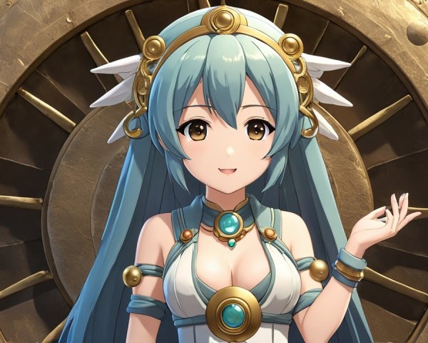 Character with Teal Hair in Front of Ornate Clock Face