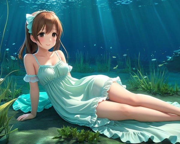 Underwater Scene with Girl in Blue Dress and Fish