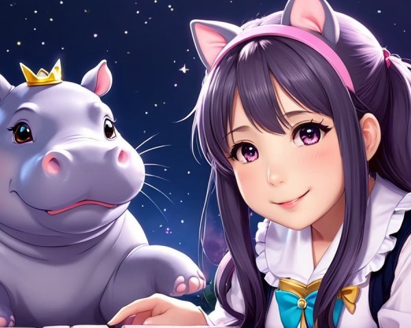 Cheerful girl with cat ears and hippo in starry scene