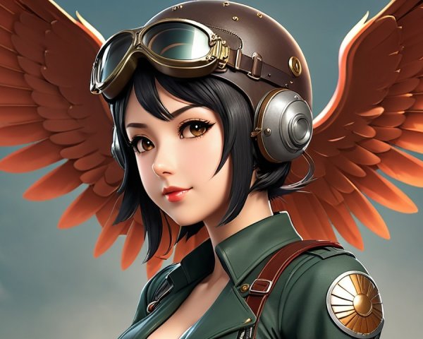 Young woman with orange wings and aviator goggles
