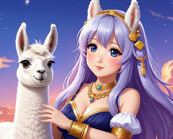 Fantasy Scene with Woman and Llama at Sunset