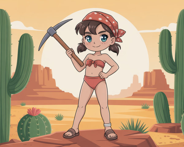 Cheerful Anime Girl in Desert with Pickaxe and Bikini