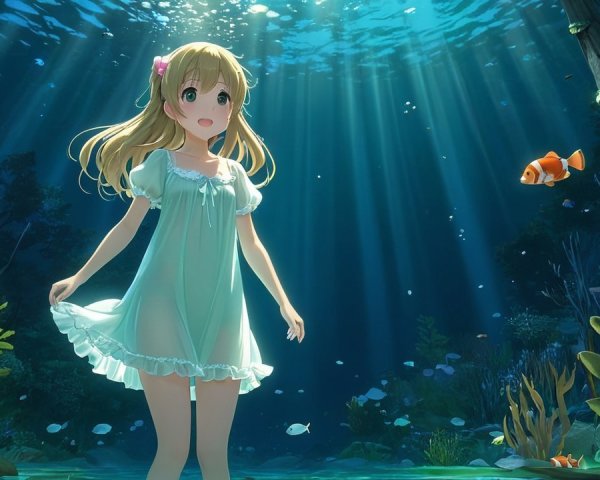 Young girl underwater with fish and sunlight beams