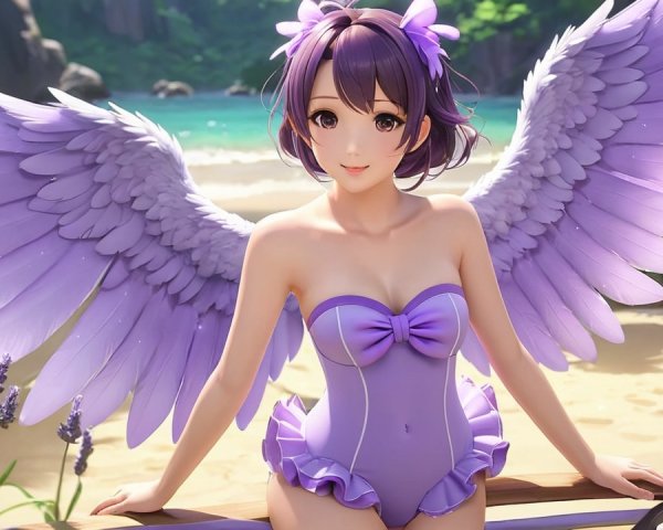 Character with Lavender Wings on Beach in Purple Swimsuit