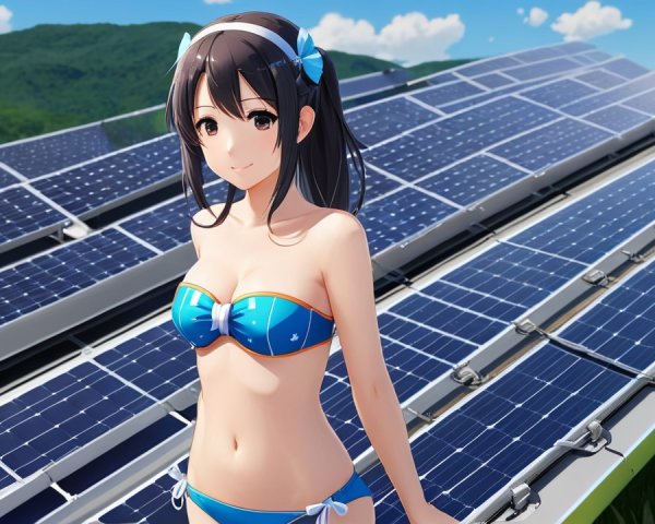 Young Woman in Blue Bikini by Solar Panels and Hills