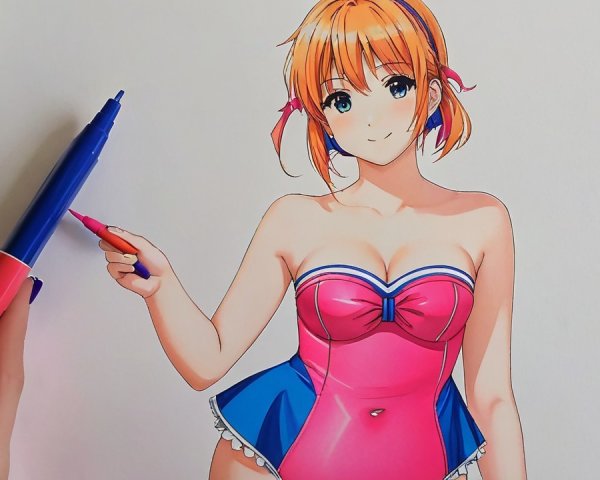 Vibrant illustration of a character in pink swimsuit