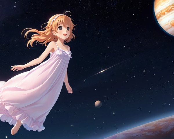 Young girl in pink nightgown floating in space