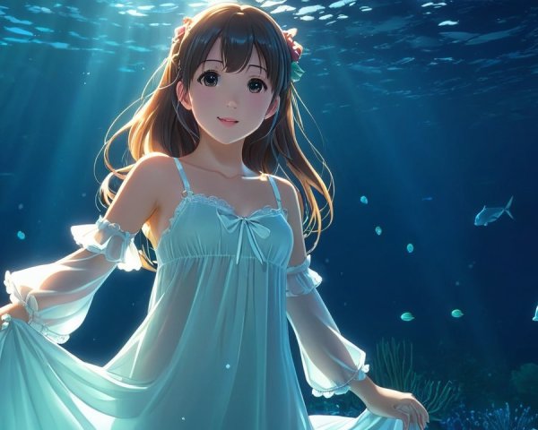 Underwater Scene with Young Woman in White Dress