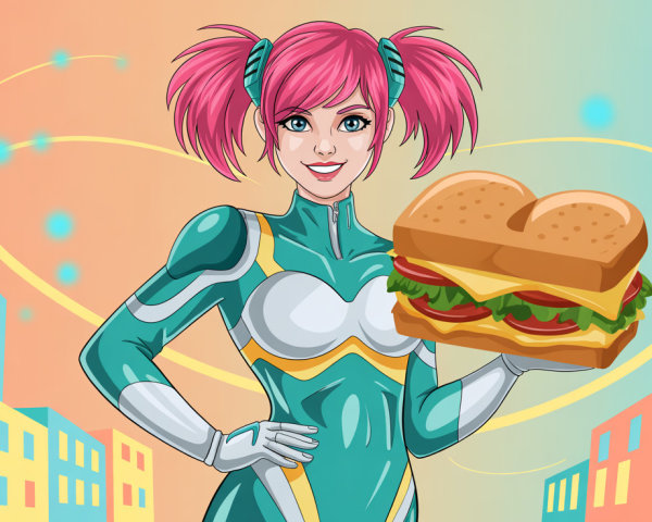 Young Woman in Superhero Suit with Sandwich at Sunset