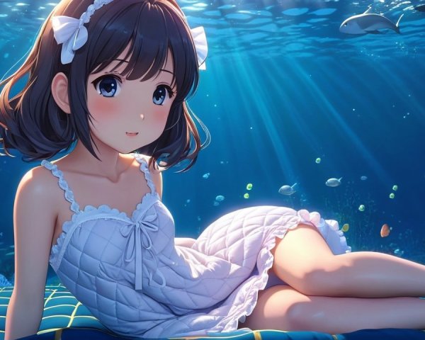 Underwater Scene with Girl in White Dress and Fish