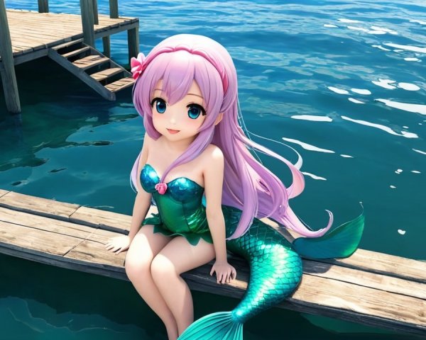 Animated mermaid with pastel pink hair on dock
