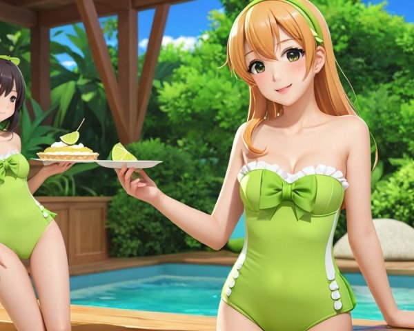 Animated Characters by Pool in Green Swimsuits