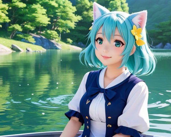 Girl with Blue Hair in Boat on Tranquil Lake