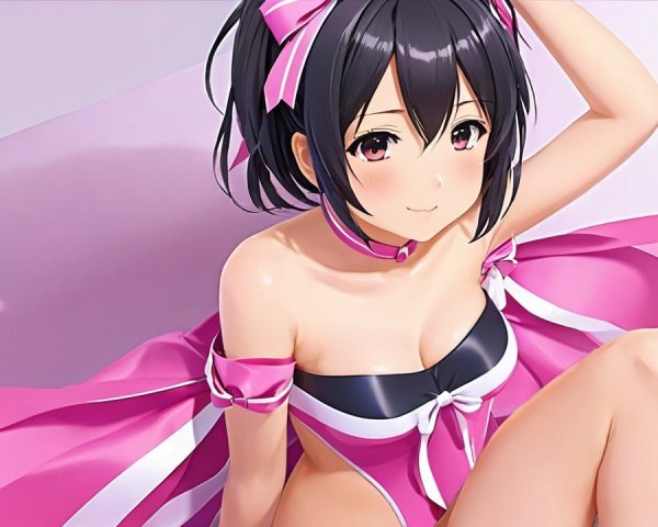 Girl with Black Bob and Pink Bow in Playful Pose