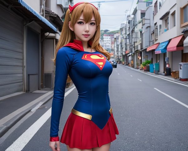 Young Woman in Superhero Costume on City Street