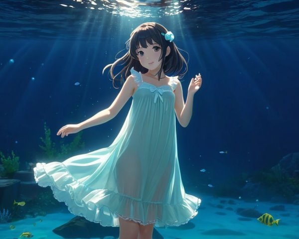 Underwater Scene of a Dancing Figure in Blue Dress
