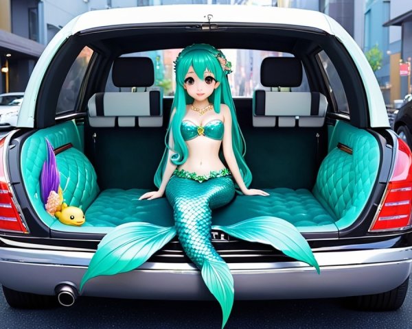 Mermaid in Luxurious Car Trunk with Urban Backdrop