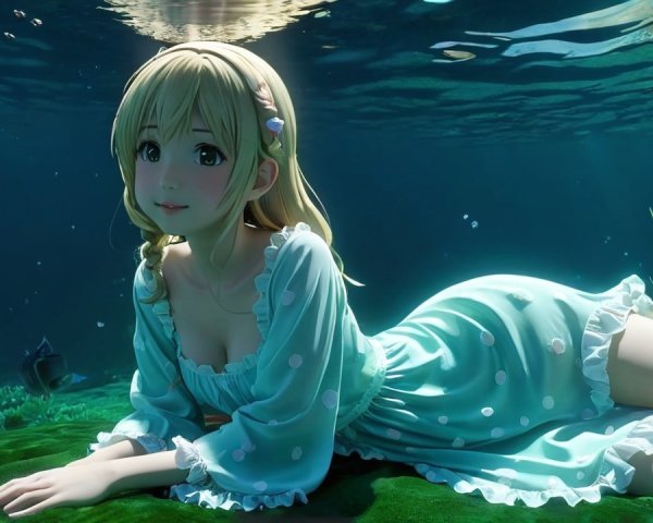 Underwater Scene of a Girl in a Blue Dress