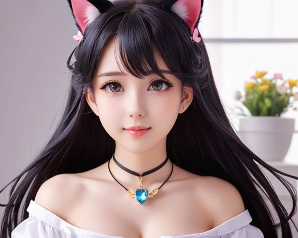 Young woman with cat ears in a bright room setting