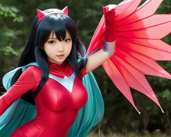 Young Woman in Vibrant Superhero Costume with Wings