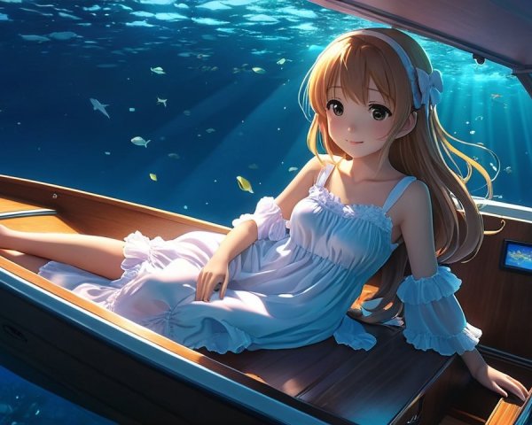 Underwater Scene with Girl on Boat Surrounded by Marine Life