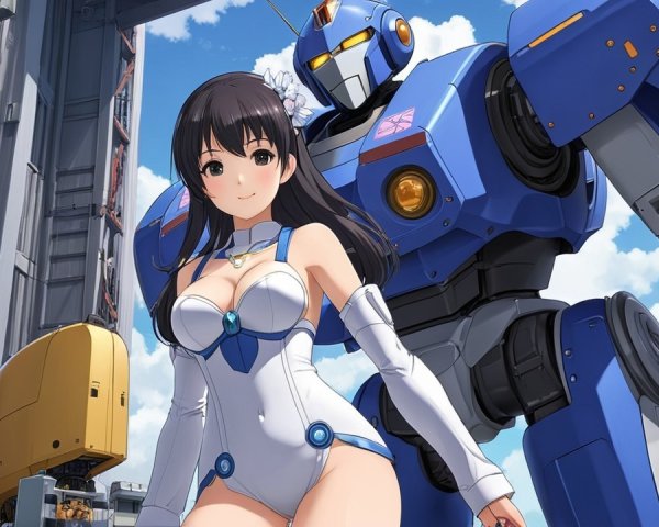 Futuristic Scene with Woman and Blue Robot in Sky