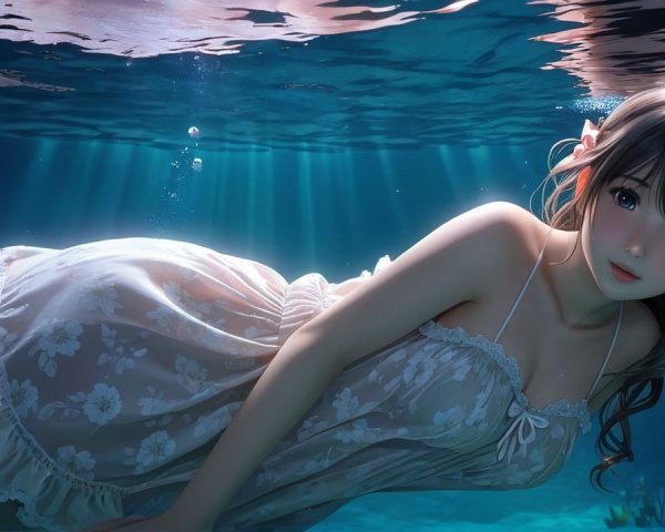 Underwater Scene with Woman in Floral White Dress