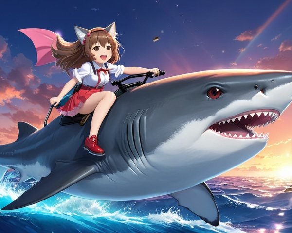 Young girl with cat ears riding a friendly shark at sunset