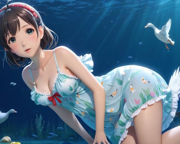 Young woman in floral dress kneeling underwater with ducks