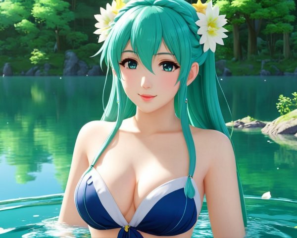 Vibrant Fantasy Scene of a Woman in a Turquoise Lake