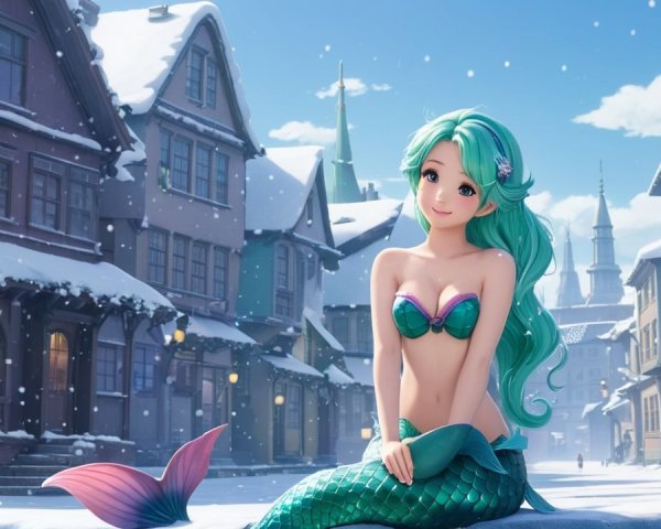 Mermaid in a snowy street with charming houses