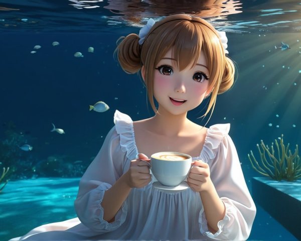 Young girl underwater with coffee in serene setting