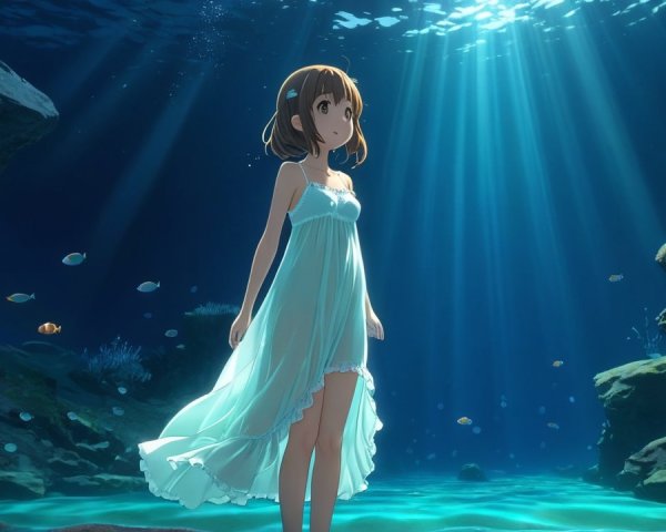 Underwater Scene with Girl in Light Blue Dress