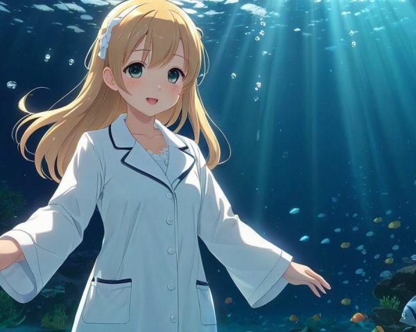 Young woman in lab coat underwater with fish and coral