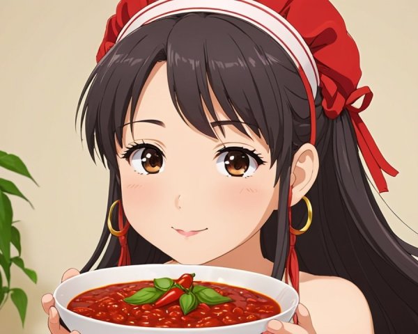 Cheerful anime girl with chili con carne and plant
