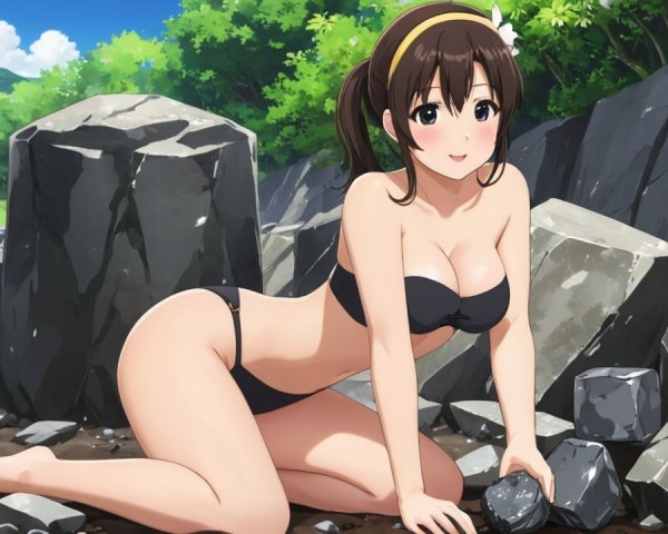 Young Woman in Black Bikini on Rocky Shoreline