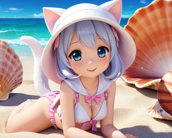 Cute anime character with cat ears at the beach