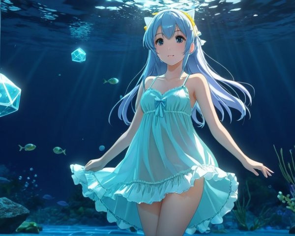 Underwater Scene with Girl and Colorful Marine Life