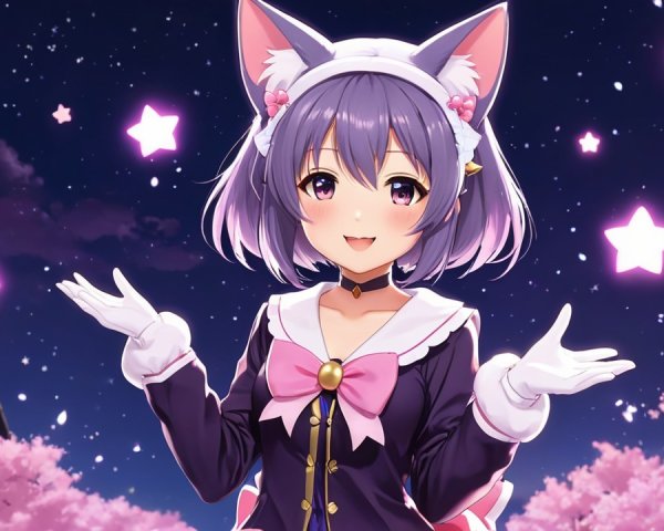 Cheerful anime character under a starry night sky
