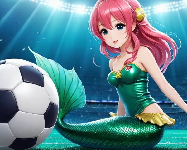Mermaid Illustration on Soccer Field with Crowd
