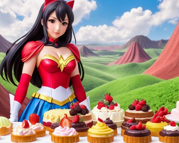 Superheroine in Colorful Costume Surrounded by Desserts
