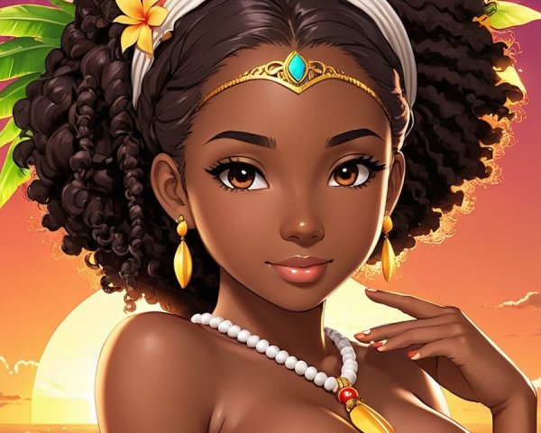 Young woman with curly hair and sunset backdrop
