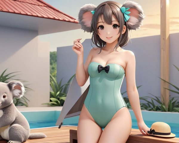 Cheerful Woman in Mint Green Swimsuit by Pool