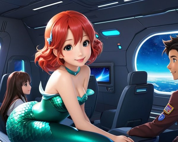 Futuristic Spaceship Scene with Mermaid and Young Passengers