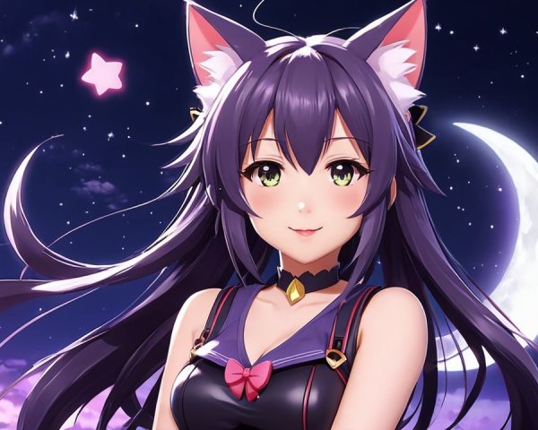 Character with Dark Purple Hair and Cat Ears at Night