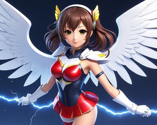 Confident Female Character with White Wings and Lightning