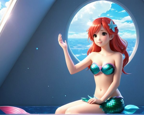 Animated Mermaid by Circular Window with Ocean View
