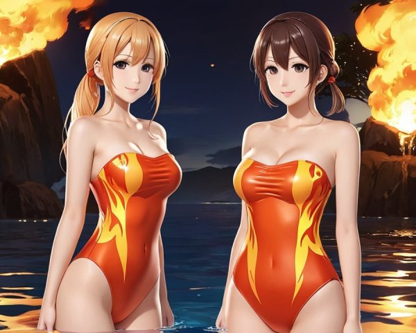 Women in Orange Swimsuits by Fiery Water Setting